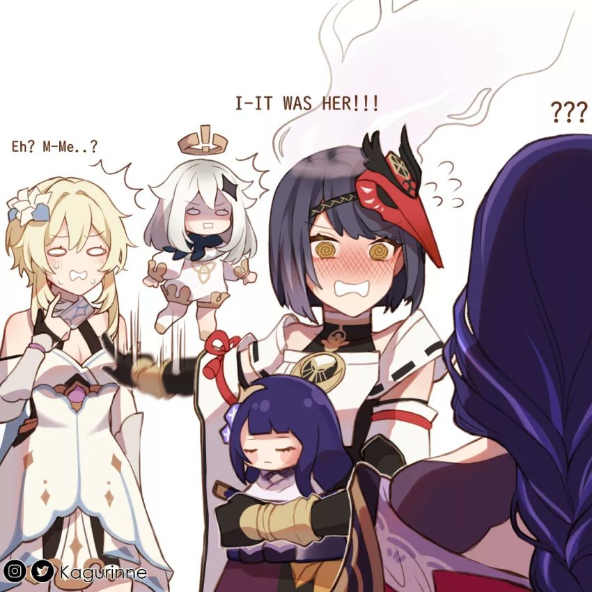 4girls, @_@, black_gloves, black_hair, blonde_hair, blush, braid, caught, dress, embarrassed, english_text, figure, flower, genshin_impact, gloves, hair_flower, hair_ornament, halo, japanese_clothes, kagurinne, kimono, kujou_sara, long_hair, low-braided_long_hair, low-tied_long_hair, lumine_(genshin_impact), mask, mask_on_head, motion_lines, multiple_girls, paimon_(genshin_impact), pointing, purple_hair, raiden_shogun, romper, simple_background, statue_of_her_excellency_(genshin_impact), steam, sweatdrop, tengu_mask, vambraces, watermark, white_background, white_dress, white_hair, white_romper, yellow_eyes