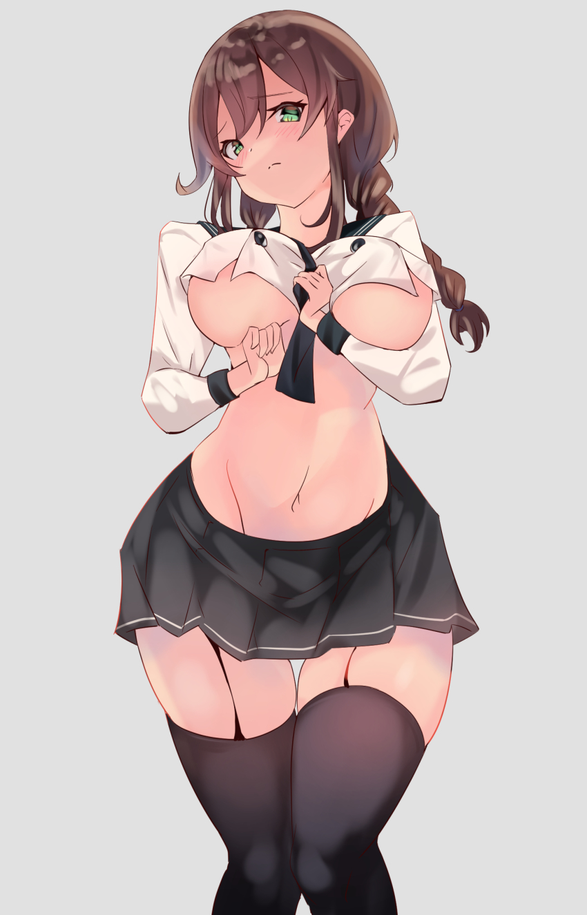 1girl, black_sailor_collar, black_skirt, black_thighhighs, braid, breasts, brown_hair, commentary_request