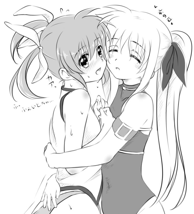 2girls, blush, closed_eyes, fate_testarossa, greyscale, hair_ribbon, hug, kerorokjy, long_hair, looking_at_another, lyrical_nanoha, mahou_shoujo_lyrical_nanoha, mahou_shoujo_lyrical_nanoha_a's, medium_hair, monochrome, multiple_girls, open_mouth, ribbon, short_twintails, surprised, sweat, takamachi_nanoha, translation_request, twintails, yuri
