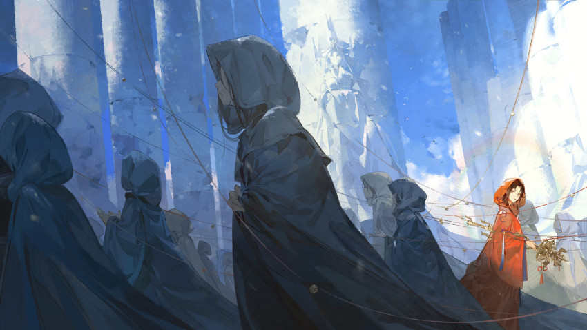 1girl, 6+others, a-shacho, bell, black_hair, blue_sky, brown_hair, cloak, closed_mouth, clothes_grab, crowd, cupping_hands, day, from_side, highres, holding, holding_staff, hood, hood_up, hooded_cloak, jingle_bell, long_hair, long_sleeves, looking_at_viewer, looking_to_the_side, multiple_others, onmyoji, open_mouth, own_hands_together, pillar, rainbow, sky, solo_focus, staff, statue, string, suzuhiko_hime_(onmyoji), walking, wide_sleeves