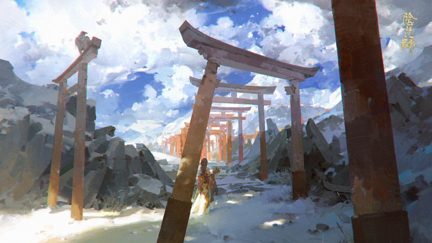 1girl, a-shacho, black_hair, blue_sky, boulder, cloud, copyright_name, day, facing_away, highres, holding, holding_staff, japanese_clothes, long_hair, long_sleeves, low-tied_long_hair, mountainous_horizon, multiple_torii, onmyoji, outdoors, scenery, sky, snow, solo, staff, stairs, standing, suzuhiko_hime_(onmyoji), torii, wide_sleeves