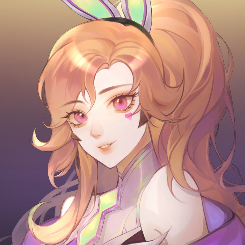 1girl, absurdres, animal_ears, bare_shoulders, battle_bunny_miss_fortune, breasts, brown_background, brown_hair, commentary_request, fake_animal_ears, gradient_background, heart, highres, large_breasts, league_of_legends, long_hair, looking_at_viewer, miss_fortune_(league_of_legends), off_shoulder, official_alternate_costume, parted_lips, pink_eyes, ponytail, portrait, purple_background, saikayo, smile, solo, teeth