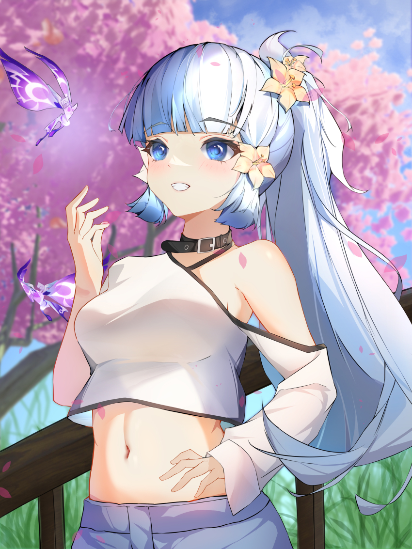 1girl, absurdres, alternate_costume, asymmetrical_sleeves, ayaka_(genshin_impact), black_collar, blue_eyes, breasts, cherry_tree, chunian_and_(user_asmj8822), collar, cropped_shirt, crystalfly_(genshin_impact), falling_petals, flower, genshin_impact, grass, hair_flower, hair_ornament, hair_ribbon, hand_on_own_hip, hand_up, highres, long_hair, medium_breasts, midriff, mismatched_sleeves, navel, parted_lips, petals, ponytail, railing, ribbon, shirt, silver_hair, single_bare_shoulder, smile, solo, tress_ribbon, white_shirt, wooden_railing