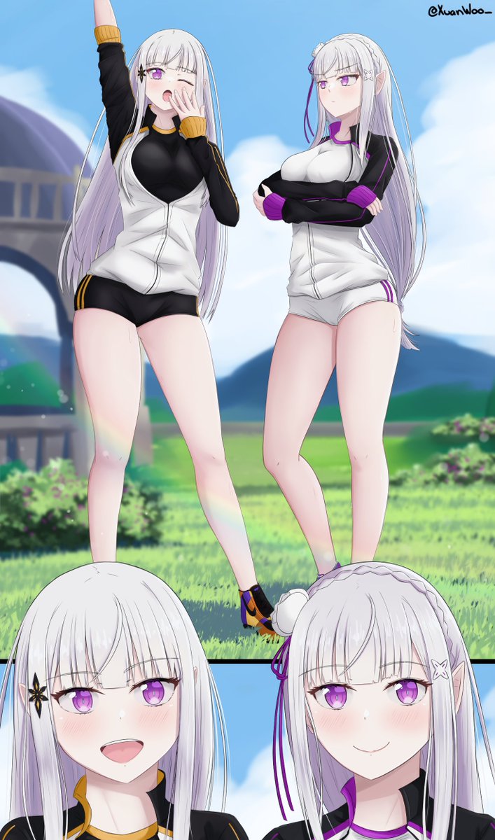 2girls, black_buruma, black_shirt, black_shorts, braid, breasts, buruma, closed_eyes, cosplay, crop_top, double_vertical_stripe, eennee, elf, emilia_(re:zero), grass, gym_shirt, gym_uniform, highres, jacket, large_breasts, long_hair, medium_breasts, mountain, multiple_girls, natsuki_subaru, natsuki_subaru_(cosplay), nike_(company), outdoors, pointy_ears, purple_eyes, re:zero_kara_hajimeru_isekai_seikatsu, satella_(re:zero), shirt, shoes, shorts, silver_hair, smile, sneakers, thick_thighs, thighhighs, thighs, track_jacket, track_suit, very_long_hair, white_buruma, white_shirt, white_shorts, witch