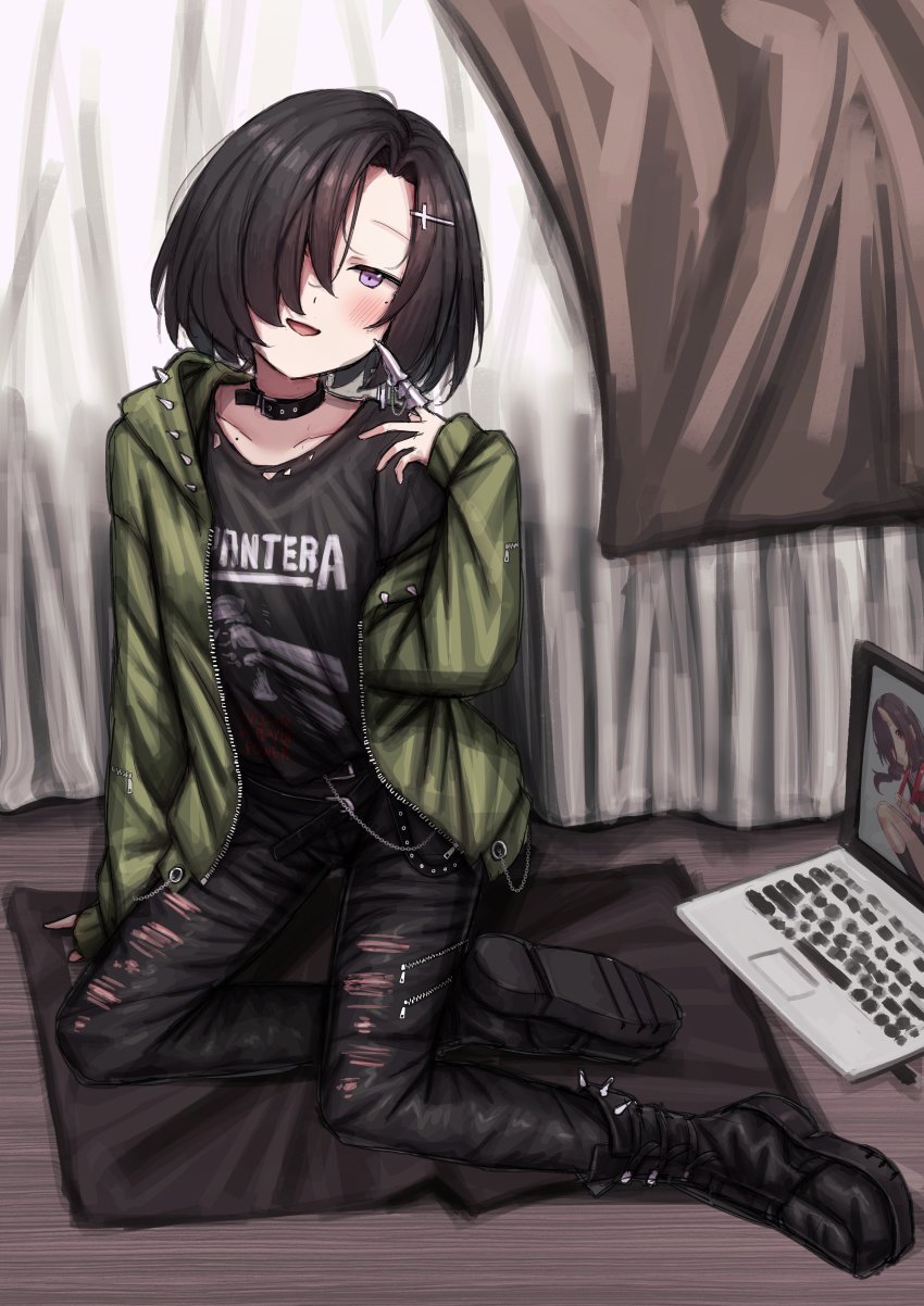 1girl, absurdres, bad_id, bad_twitter_id, band_shirt, wallet_chain, black_choker, black_hair