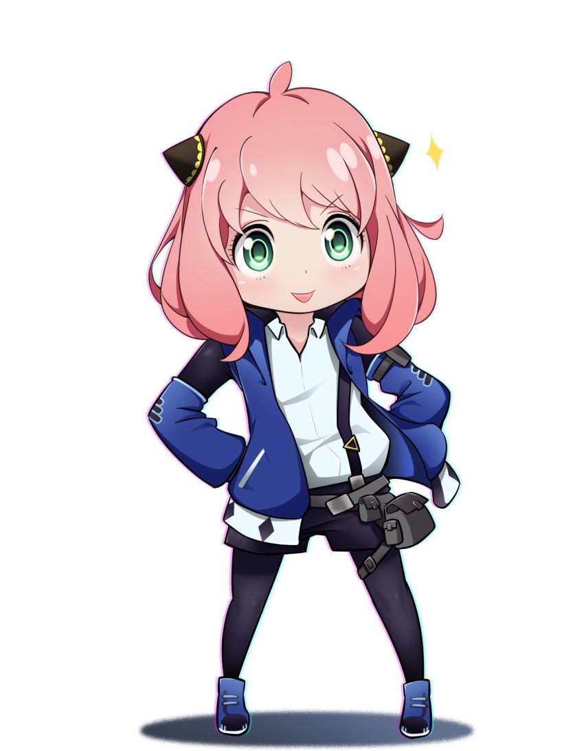 1girl, anya_(spy_x_family), arknights, black_pantyhose, black_shorts, blue_jacket, blue_poison_(arknights), blue_poison_(arknights)_(cosplay)