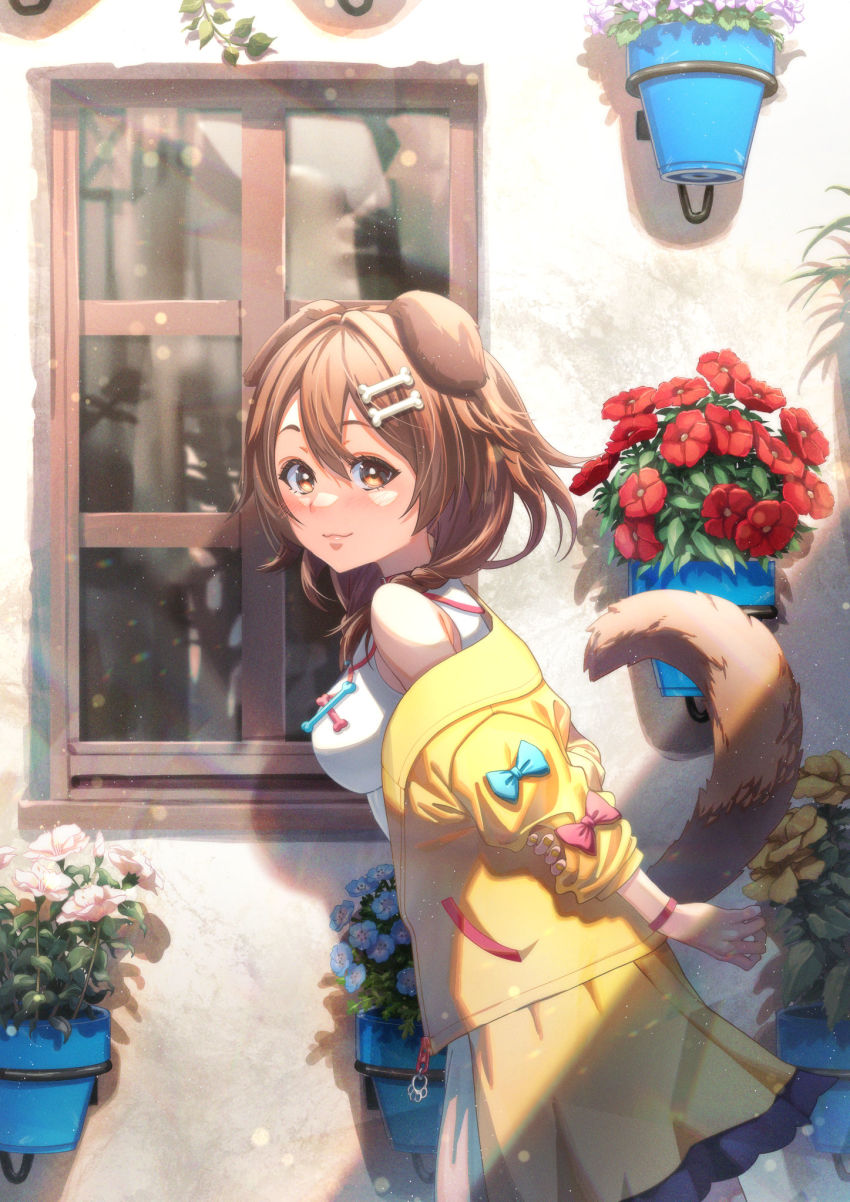 1girl, :3, animal_ears, bare_shoulders, blue_flower, breasts, brown_eyes, brown_hair