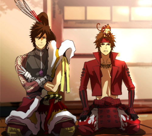2boys, lowres, maeda_keiji_(sengoku_basara), male_focus, monkey, multiple_boys, sanada_yukimura_(sengoku_basara), sengoku_basara, sitting, yumekichi
