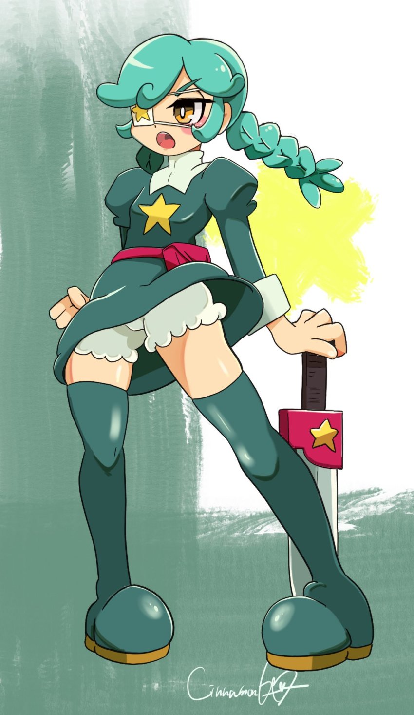 1girl, annie_(skullgirls), belt, belt_pouch, bloomers, blush_stickers, boots, braid