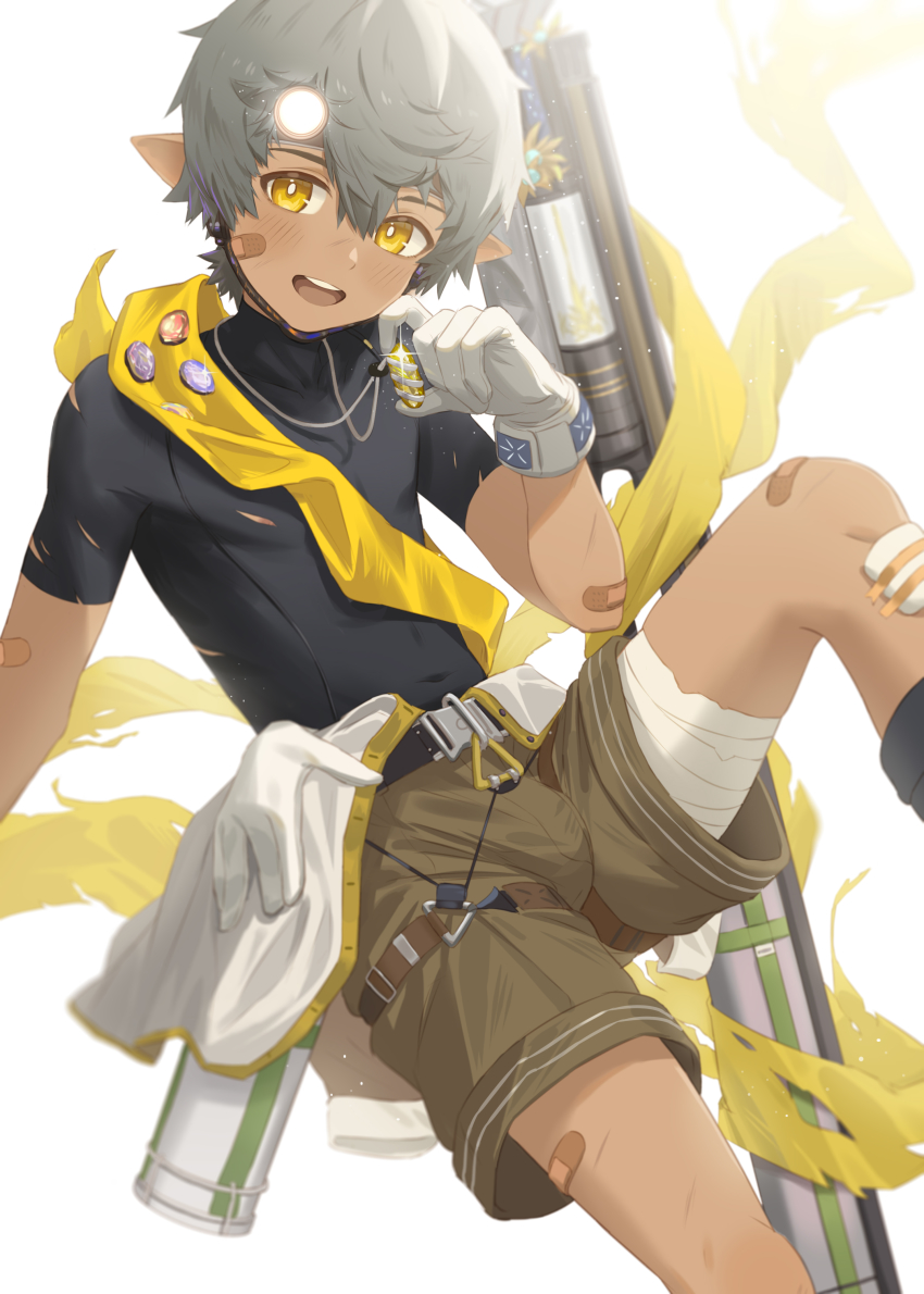1boy, absurdres, arknights, bandages, bandaid, bandaid_on_arm, bandaid_on_face, bandaid_on_leg, bishounen, black_shirt, blush, boy_scout, chestnut_(arknights), chestnut_(elite_ii)_(arknights), child, cowboy_shot, dark-skinned_male, dark_skin, gloves, grey_hair, highres, luye_yuan, male_focus, pointy_ears, scout_movement, shirt, short_hair, shorts, smile, solo, thighs, torn_clothes, white_gloves, yellow_eyes