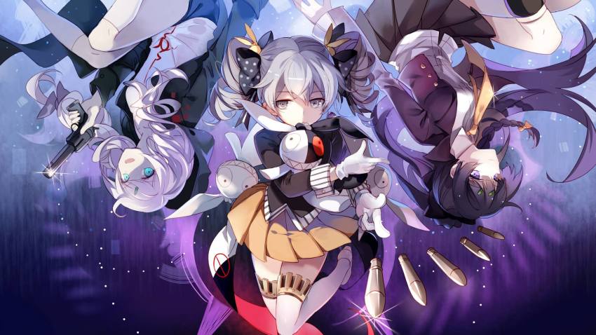 3girls, :d, bad_bcy_id, bad_id, honkai_gakuen, black_jacket, bow, bronya_zaychik, bullet, closed_mouth, doll, drill_hair, grey_eyes, grey_hair, gun, hair_bow, handgun, highres, holding, holding_doll, holding_gun, holding_weapon, homu_(honkai_impact), honkai_(series), honkai_impact_3rd, jacket, kiana_kaslana, long_hair, long_sleeves, looking_at_viewer, multiple_girls, official_art, open_mouth, orange_skirt, ponytail, purple_eyes, purple_hair, purple_jacket, raiden_mei, revolver, shanbeiwanyi, skirt, smile, thighhighs, twin_drills, upside-down, weapon, white_legwear