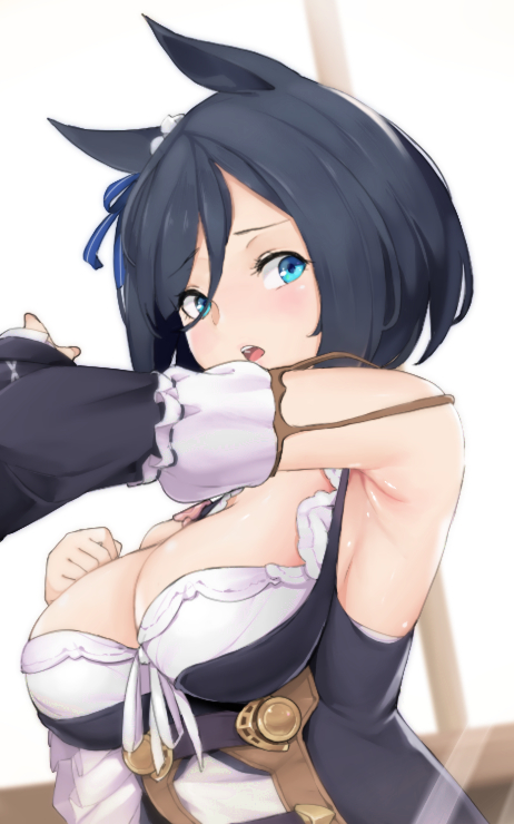 1girl, :o, animal_ears, arm_up, armpits, bare_shoulders, black_dress, black_hair