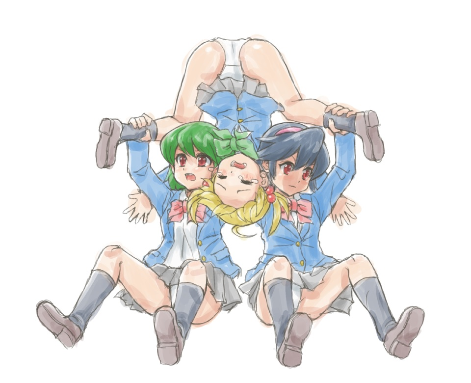 3girls, black_hair, blonde_hair, blue_jacket, green_hair, hair_bobbles, hair_ornament, hairband, jacket, jikkyou_powerful_pro_yakyuu, kasuga_(kasuga39), kinniku_buster, miniskirt, multiple_girls, neck_ribbon, panties, pantyshot, power_pro-kun_pocket_10, power_pro-kun_pocket, red_eyes, ribbon, sakurai_itsuki, school_uniform, skirt, spread_legs, takashi_nanao, tears, twintails, underwear, upside-down, white_panties, wrestling, yoshizuki_sara