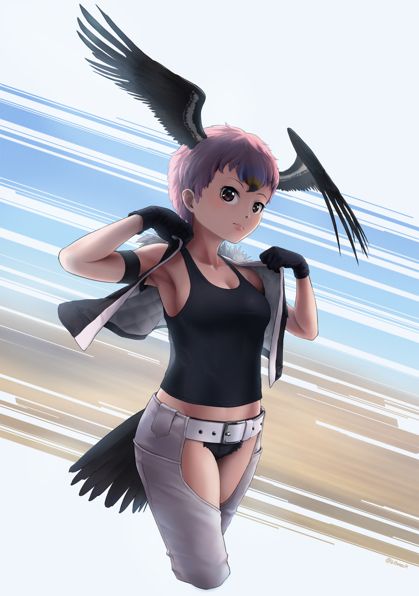 1girl, arm_up, armband, armpits, bare_arms, bare_shoulders, beleven, belt