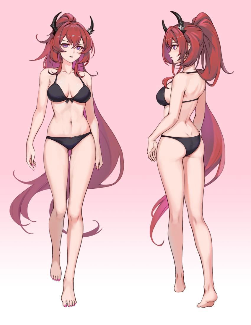 1girl, absurdres, arknights, ass, back, bare_arms, bare_legs, bare_shoulders, barefoot, bikini, black_bikini, breasts, cleavage, dimples_of_venus, full_body, gradient_background, high_ponytail, highres, horns, kneepits, long_hair, looking_at_viewer, lunn, medium_breasts, multiple_views, nail_polish, parted_lips, pink_background, pink_nails, ponytail, purple_eyes, red_hair, sideboob, skindentation, standing, surtr_(arknights), swimsuit, toenail_polish, toenails, very_long_hair