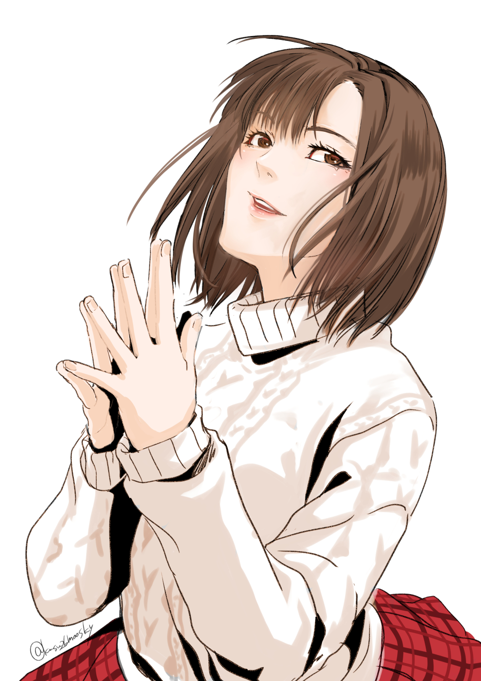 1girl, brown_eyes, brown_hair, harasaki_nozomi, highres, kusu_(moo1225), lips, looking_at_viewer