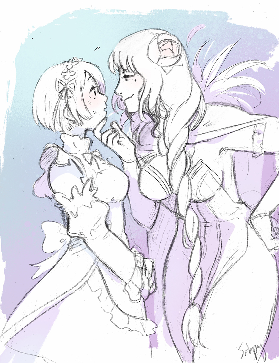 2girls, apron, back_bow, bow, braid, braided_ponytail, breasts, cleavage