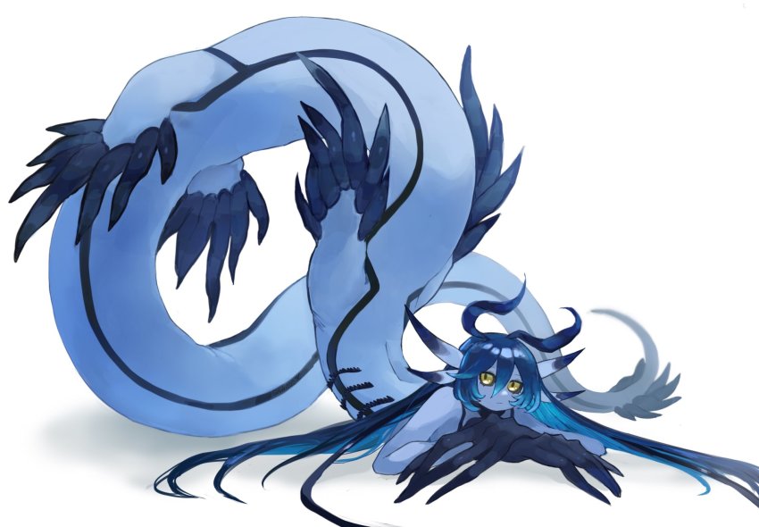 1girl, :/, antennae, black_sclera, blue_hair, blue_skin, colored_sclera, colored_skin, crossed_arms, fins, full_body, gills, glaucus_atlanticus, gradient_hair, head_fins, highres, jack-o'_challenge, long_hair, looking_at_viewer, lying, monster_girl, multicolored_hair, original, oversized_limbs, ruteko_(ruko220), sea_slug, shadow, solo, tail, taur, very_long_hair, white_background, yellow_eyes