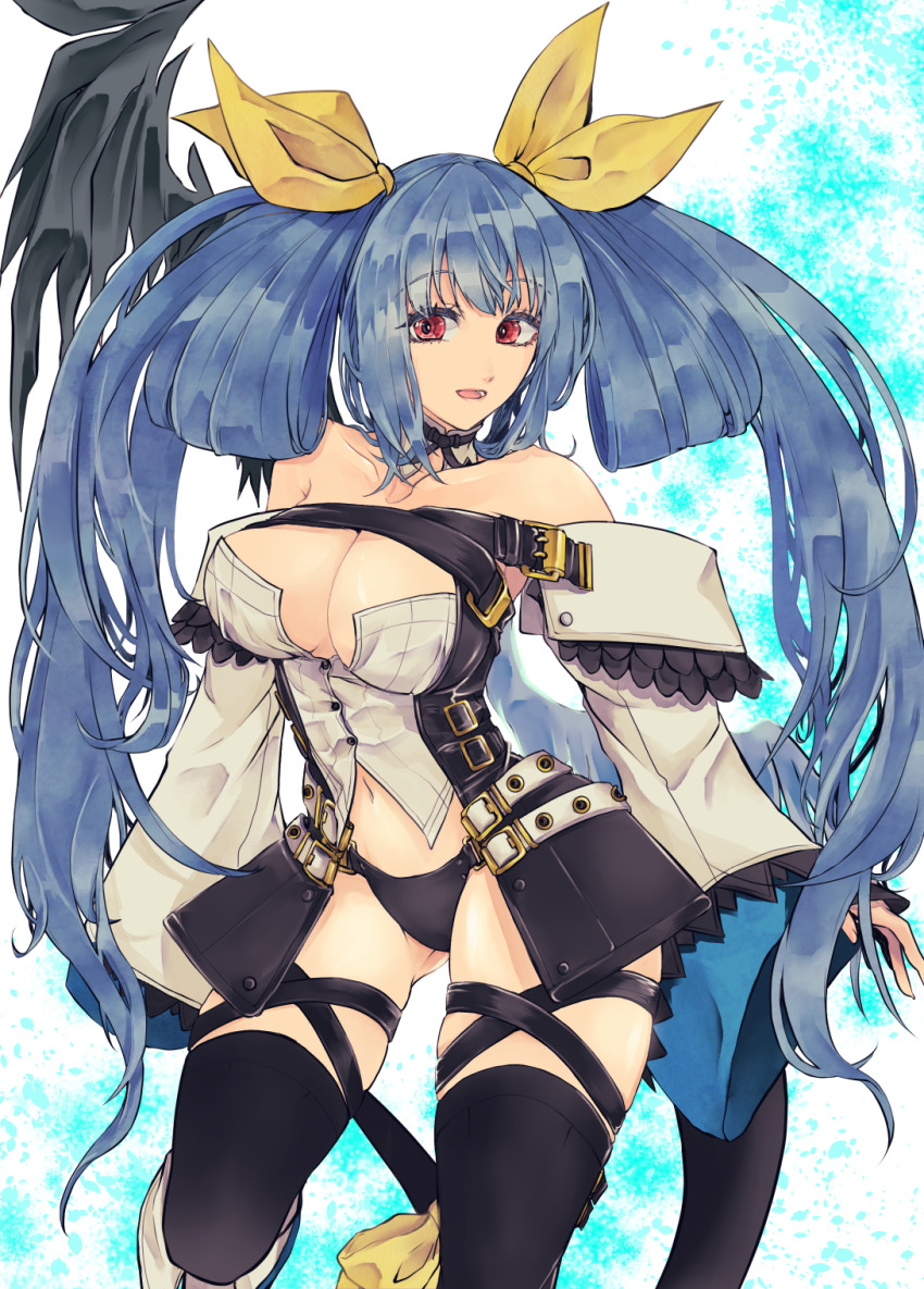 1girl, angel_wings, asymmetrical_wings, belt, black_panties, black_thighhighs, blue_hair, breasts