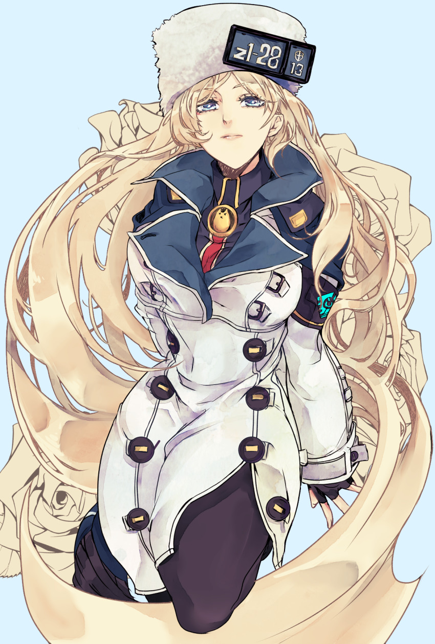 1girl, alternate_color, arm_scarf, blonde_hair, blue_background, blue_eyes, breasts, closed_mouth