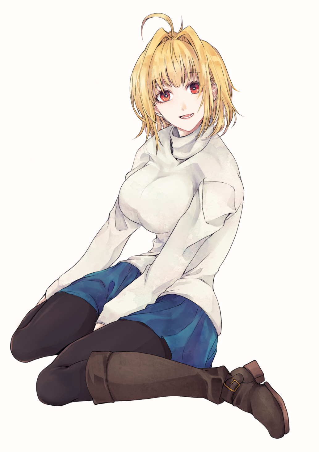 1girl, arcueid_brunestud, black_pantyhose, blonde_hair, blue_skirt, blush, boots, breasts, hair_intakes, highres, large_breasts, long_sleeves, looking_at_viewer, pantyhose, red_eyes, rolling_anco, short_hair, simple_background, sitting, skirt, smile, solo, sweater, thighs, tsukihime, tsukihime_(remake), turtleneck, turtleneck_sweater, white_background, white_sweater