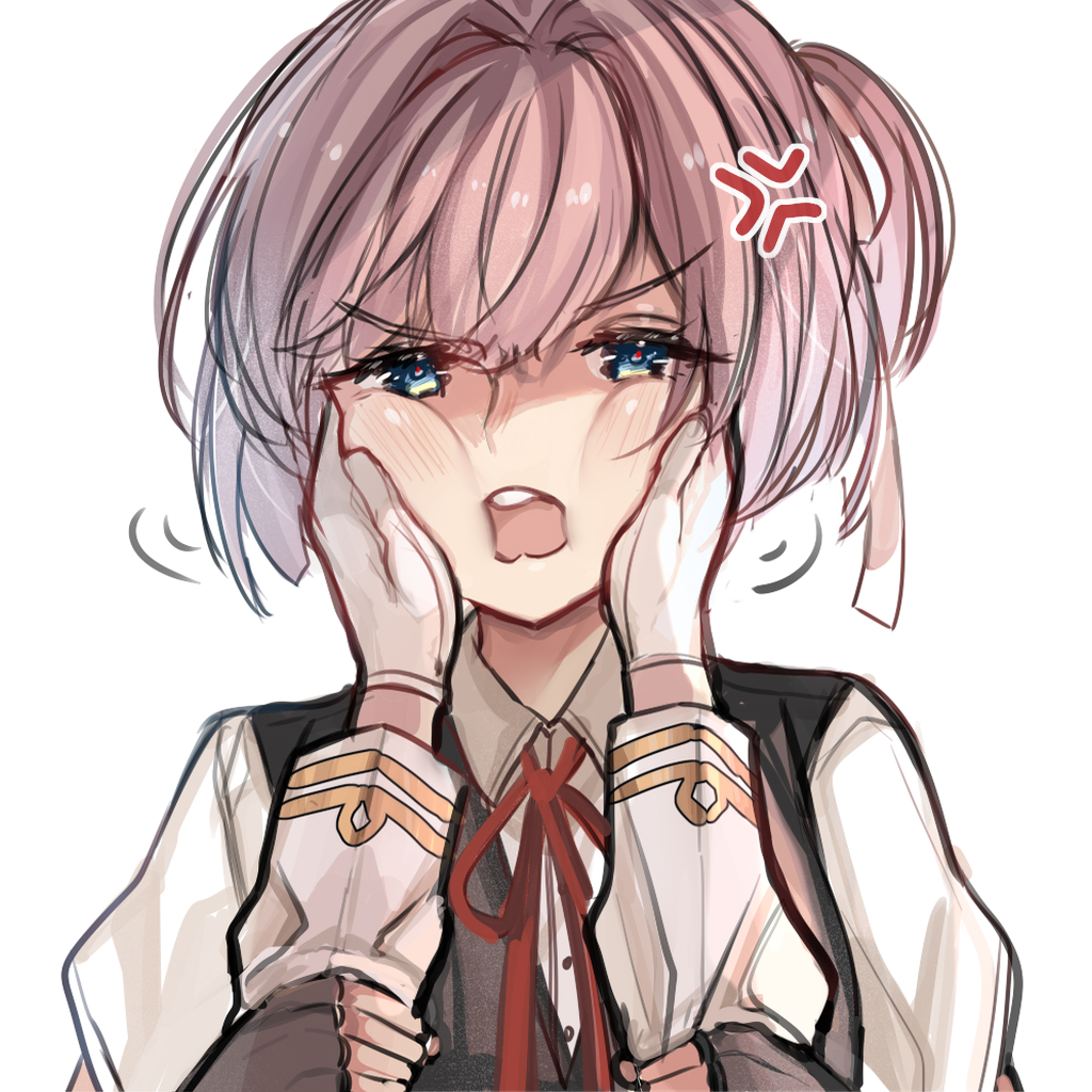 admiral_(kancolle), gloves, hair_ornament, hands_on_another's_face, kantai_collection, kaomoji_(sagor00237), neck_ribbon, open_mouth