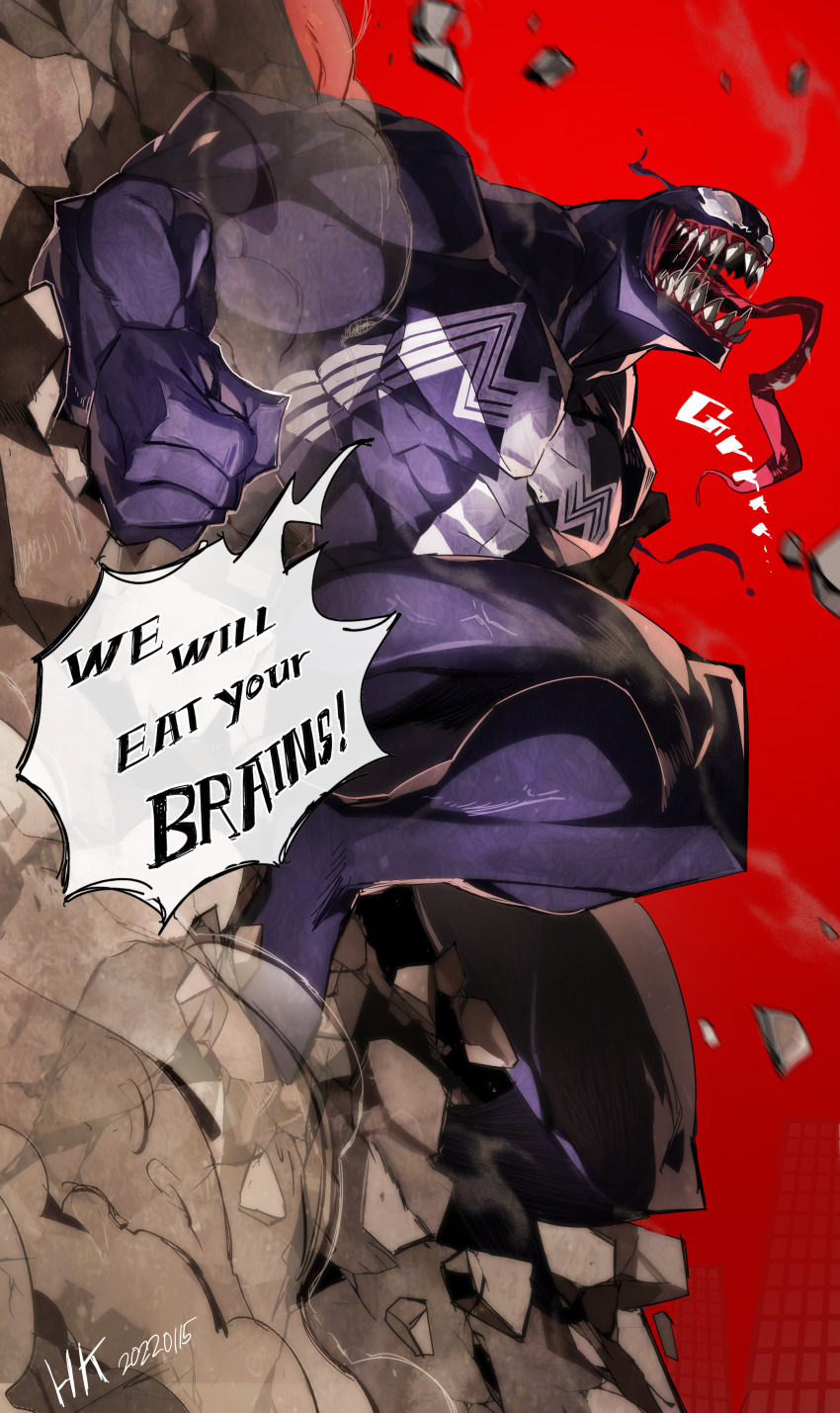 1boy, absurdres, clenched_hands, english_text, highres, hyeongang, long_tongue, male_focus