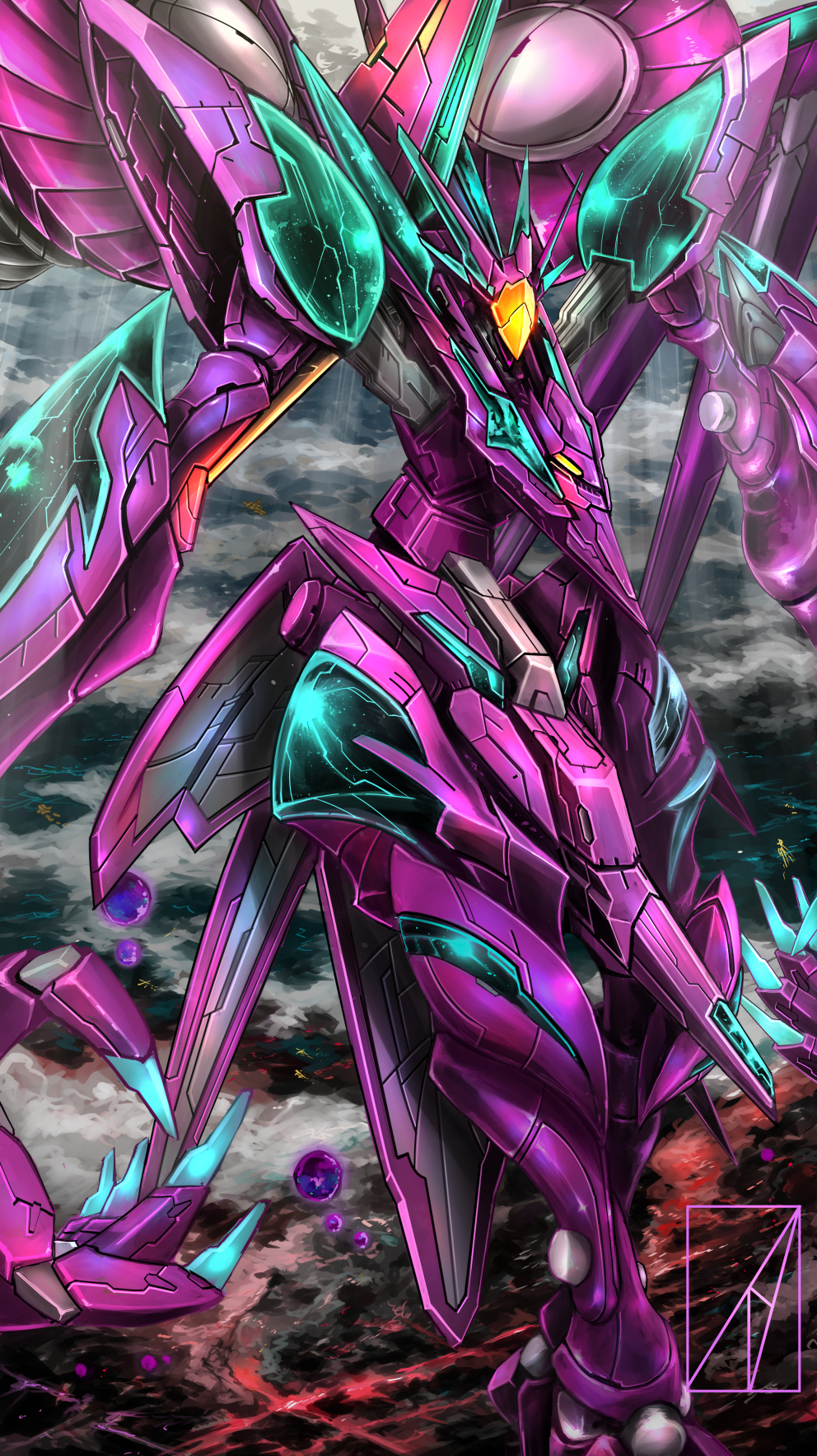 cloud, denjyou23, flying, head_tilt, highres, looking_down, mark_nicht, mecha