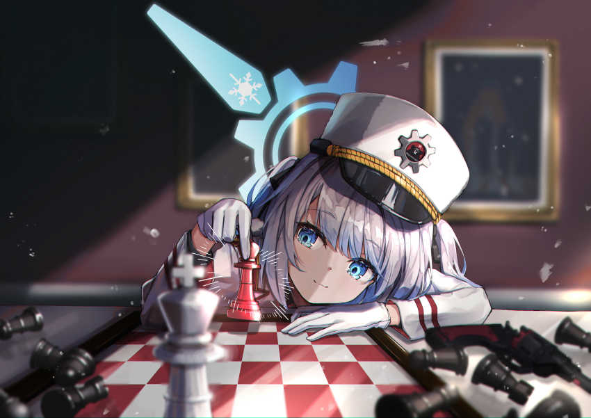 1girl, absurdres, black_ribbon, blue_archive, blue_eyes, blurry, board_game, cherino_(blue_archive)