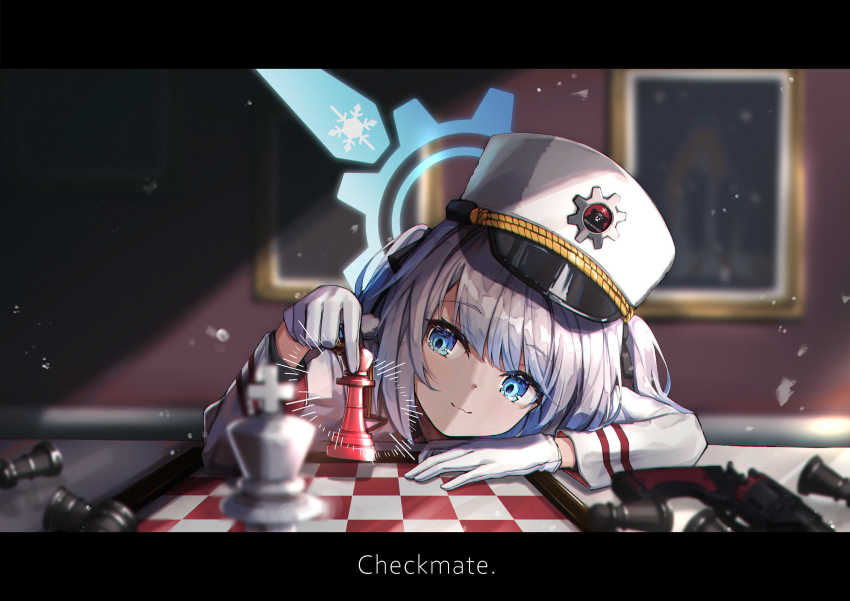 1girl, absurdres, black_ribbon, blue_archive, blue_eyes, blurry, board_game, cherino_(blue_archive)