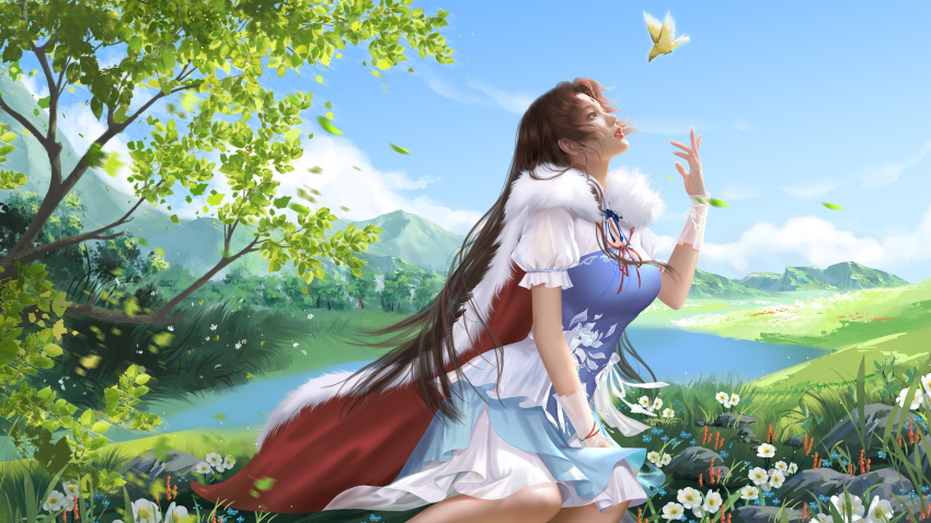 absurdres, bird, black_hair, blue_dress, blue_sky, cape, china_dress, chinese_clothes