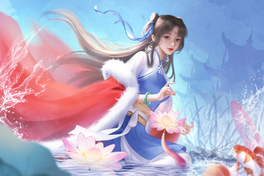 absurdres, black_hair, blue_dress, building, dress, flower, highres, koi, lotus, smile, splashing, twintails, water, xianjian_qixia_zhuan, zhao_ling_er_shao_guan_lu, zhao_linger