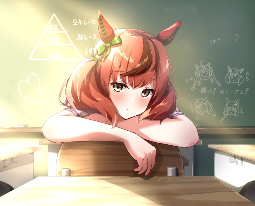 1girl, animal_ears, ashiminoe, blush, brown_hair, chair, chalkboard, classroom
