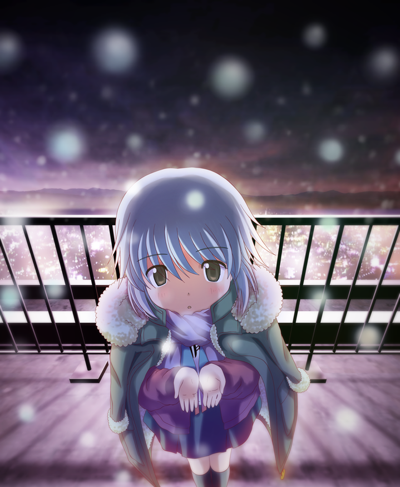 10s, brown_eyes, from_above, kamo_(rsrk), nagato_yuki, short_hair, silver_hair, snow