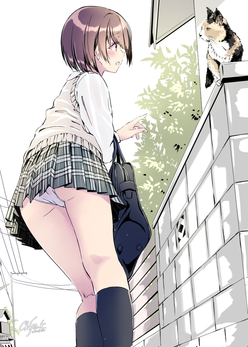 1girl, ass, bag, blush, brick_wall, brown_eyes, brown_hair, building