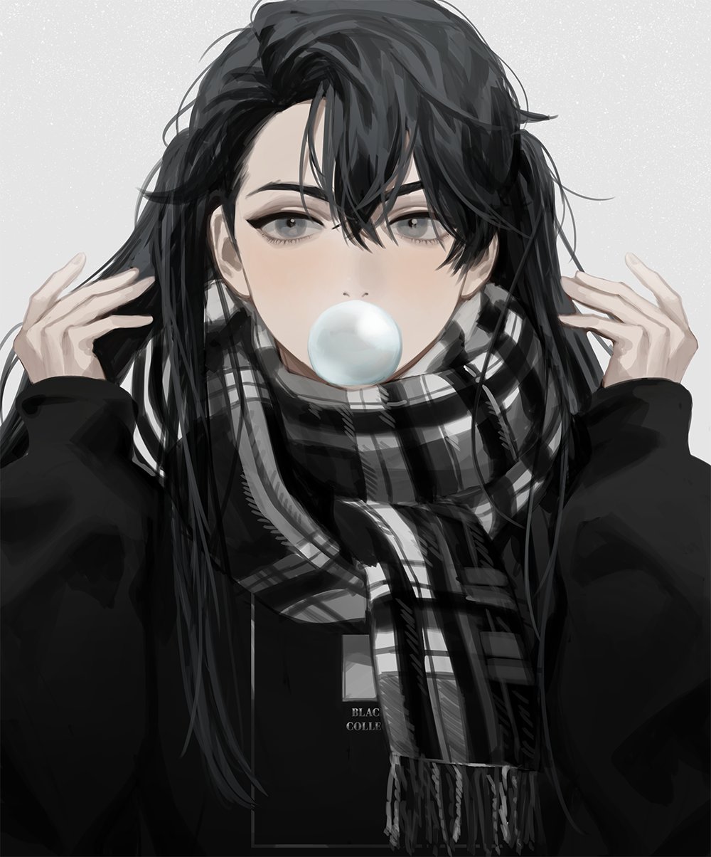 1girl, black_hair, black_shirt, blackbox_(blackbox9158), blowing_bubble_gum, blowing_bubbles, chewing_gum, commentary, grey_background, grey_eyes, hair_between_eyes, hands_up, highres, long_sleeves, looking_at_viewer, omniscient_reader's_viewpoint, scarf, shirt, solo, striped_clothes, striped_scarf, untranslatable_commentary, twintails, upper_body, white_background, yoo_mia