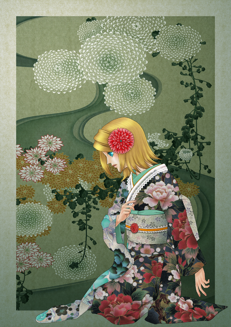 1girl, aqua_eyes, asebi_hikaru, blonde_hair, female_focus, fingernails, floral_background, floral_print