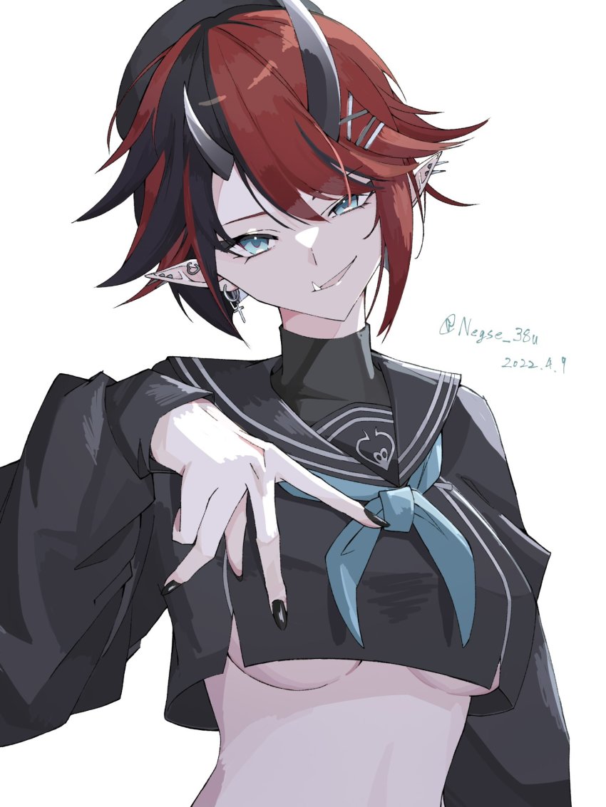 1girl, asymmetrical_horns, beret, black_hair, black_hat, black_nails, black_serafuku, blue_eyes