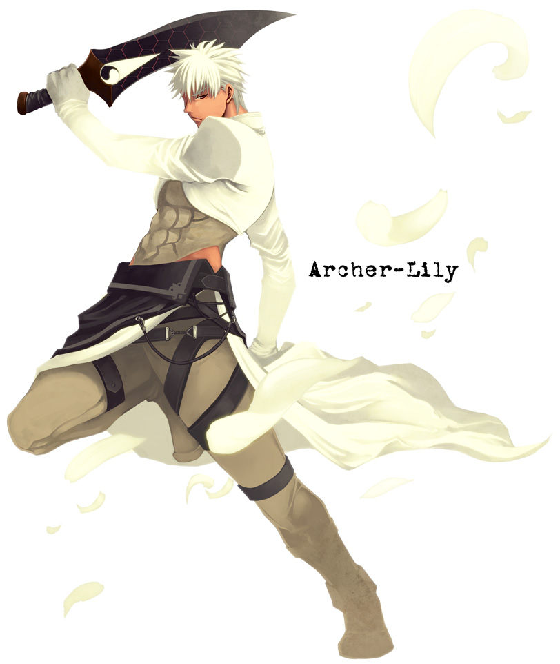 1boy, archer_(fate), archer_lily, dark-skinned_male, dark_skin, fate/stay_night, fate_(series), gloves, kanshou_&amp;_bakuya_(fate), male_focus, midriff, petals, solo, sword, type-moon, weapon, white_hair, yu_(8dgc4mfc)