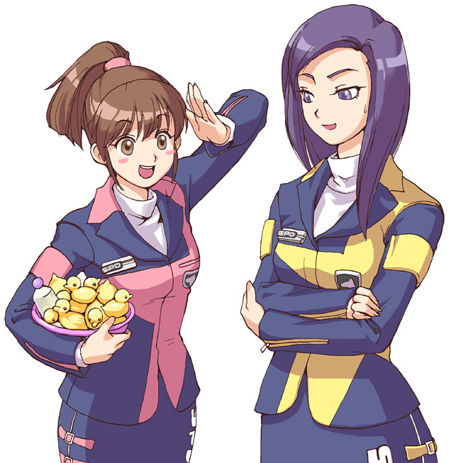 2girls, animification, blush, brown_eyes, brown_hair, crossed_arms, female_focus, kodou_koume, long_hair, multiple_girls, ponytail, purple_eyes, purple_hair, reimon_marika, rubber_duck, salute, simple_background, smile, super_sentai, tokusatsu, tokusou_sentai_dekaranger