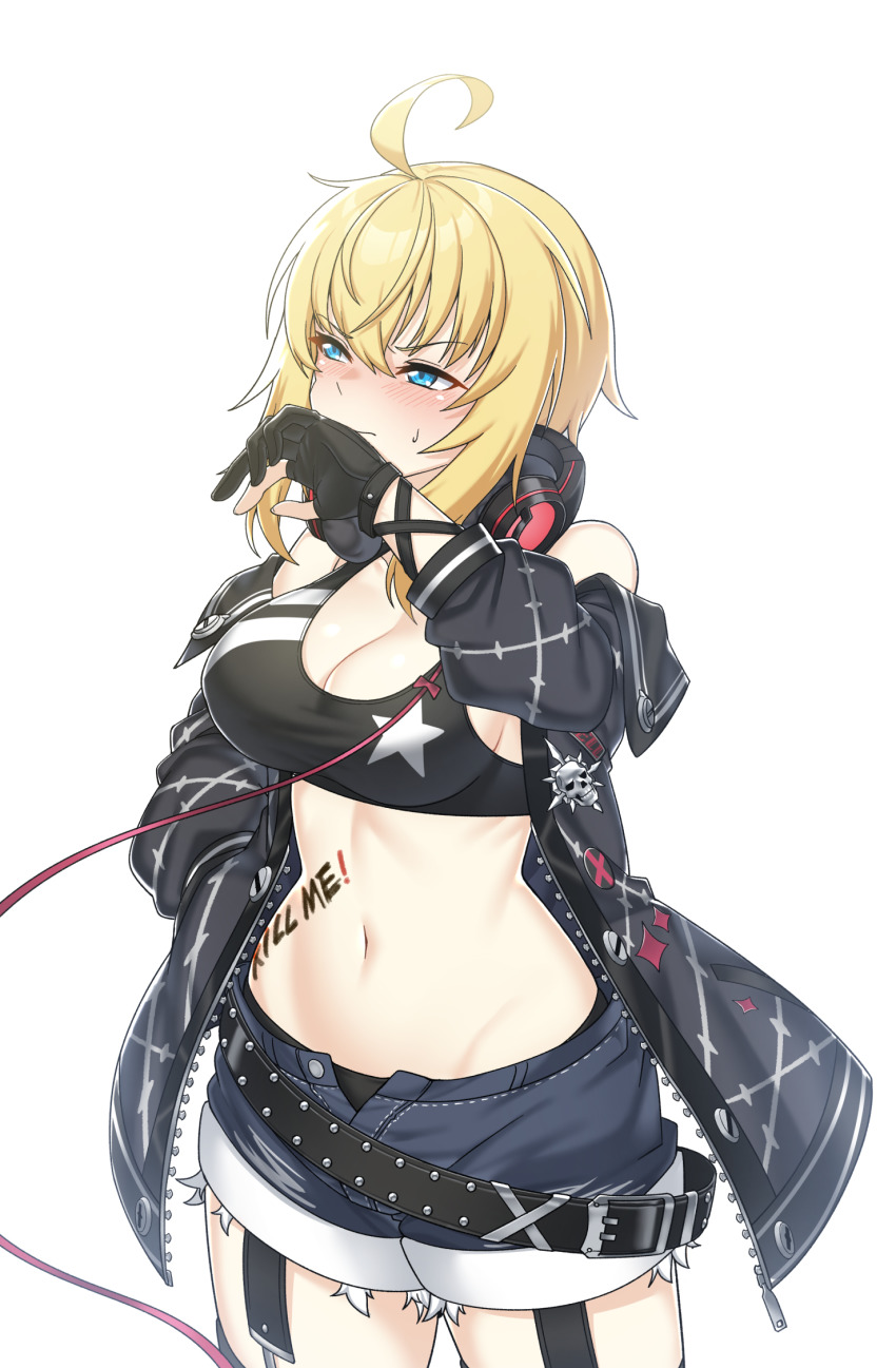 1girl, ahoge, amy_strickland, bare_shoulders, belt, blacha_(dkskek157), black_belt, black_gloves