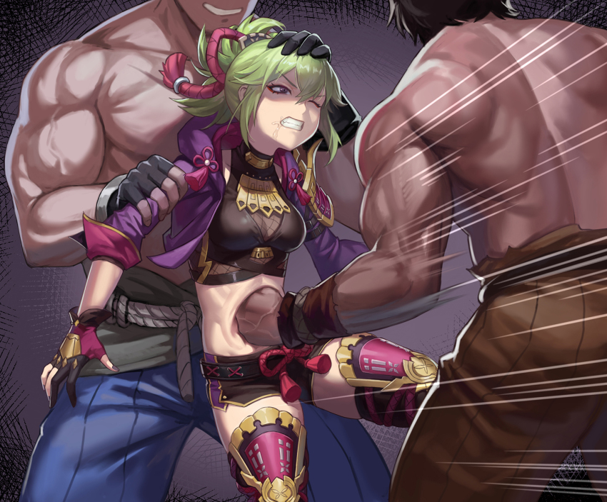 1girl, 2boys, black_gloves, black_shirt, black_shorts, breasts, chinese_commentary, clenched_teeth, commentary_request, crop_top, drooling, fingerless_gloves, genshin_impact, gloves, green_hair, head_out_of_frame, highres, jacket, kuki_shinobu, medium_breasts, midriff, multiple_boys, muscular, nail_polish, one_eye_closed, open_clothes, open_jacket, ponytail, punching, purple_eyes, purple_jacket, purple_nails, restrained, ryona, shirt, short_hair, short_shorts, short_sleeves, shorts, stomach, stomach_punch, teeth, thighhighs, topless_male, v-shaped_eyebrows, yan_(situyan0303)