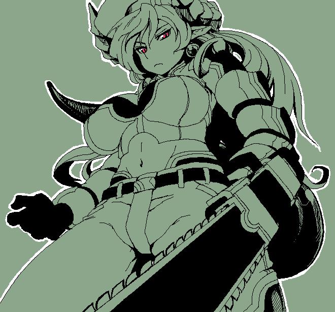 1girl, bad_id, bad_pixiv_id, belt, breasts, chainsaw, cleavage, dameyo, denim, earrings, female_focus, gloves, hat, horns, jeans, jewelry, long_hair, melfis, melfis_(shinrabanshou), navel, pants, pointy_ears, red_eyes, shinrabanshou, solo, tail, weapon