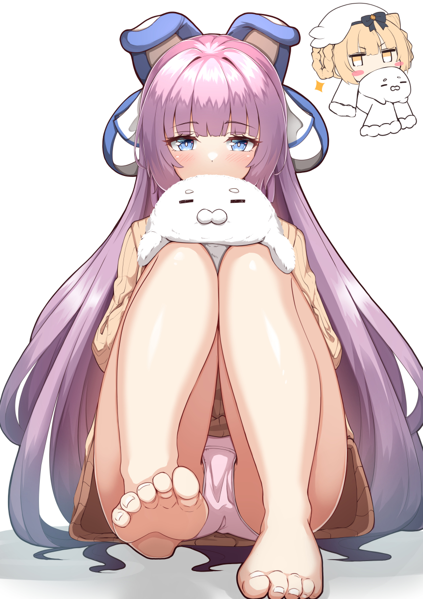 2girls, absurdres, azur_lane, bare_legs, barefoot, beret, blonde_hair, blue_eyes