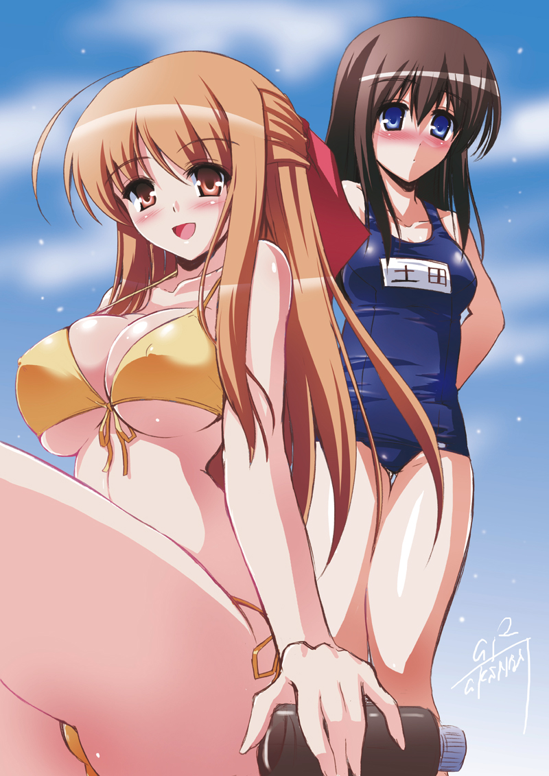 2girls, bikini, blue_eyes, breasts, brown_eyes, brown_hair, c.r., cleavage, half_updo, hanamaru_youchien, large_breasts, long_hair, medium_breasts, multiple_girls, one-piece_swimsuit, school_swimsuit, school_uniform, swimsuit, tsuchida_satsuki, yamamoto_nanako