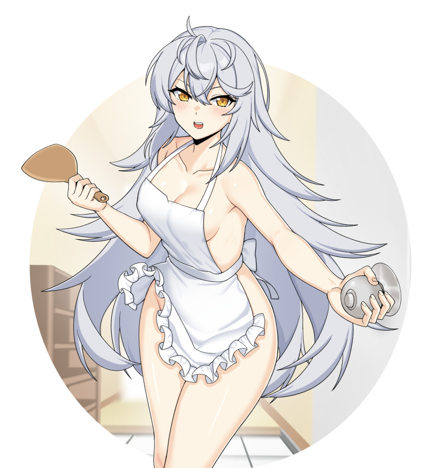 1girl, ahoge, apron, back_bow, bare_hips, blacha_(dkskek157), blush, border, bow, breasts, collarbone, counter:side, crossed_bangs, doorknob, frilled_apron, frills, gaeun_(counter:side), hair_between_eyes, halterneck, highres, holding, indoors, leaning_forward, long_hair, looking_at_viewer, medium_breasts, naked_apron, open_mouth, opening_door, outside_border, oval_background, parted_bangs, shamoji, sideboob, sidelocks, solo, v-shaped_eyebrows, very_long_hair, white_apron, white_border, white_hair, yellow_eyes