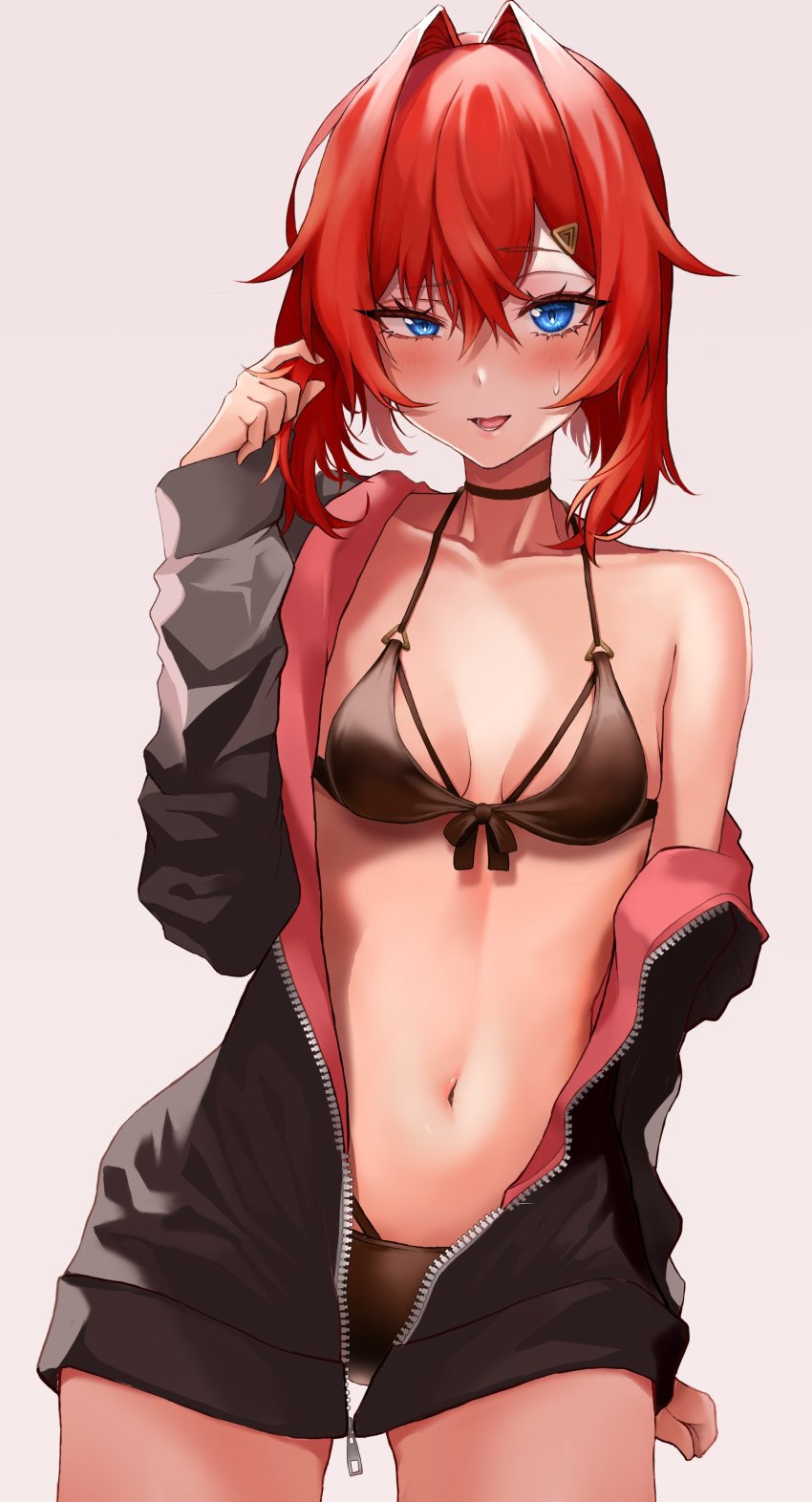 1girl, absurdres, akechi_(akechi_5416), ange_katrina, bikini, black_bikini, black_choker, black_hoodie, blush, breasts, brown_background, choker, collarbone, commentary, hair_intakes, highres, hood, hoodie, looking_at_viewer, midriff, navel, nijisanji, off_shoulder, red_hair, short_hair, small_breasts, smile, smug, solo, swimsuit, virtual_youtuber