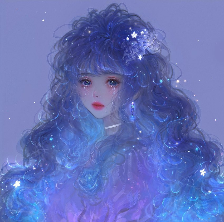 1girl, beads, blue_background, blue_eyes, blue_hair, blue_theme, choker, closed_mouth, commentary, crying, curly_hair, death_mogi, earrings, eyelashes, flower, from_side, hair_ribbon, highres, jewelry, light_particles, long_hair, looking_at_viewer, looking_to_the_side, original, red_lips, ribbon, simple_background, solo, streaming_tears, untranslatable_commentary, tears, upper_body