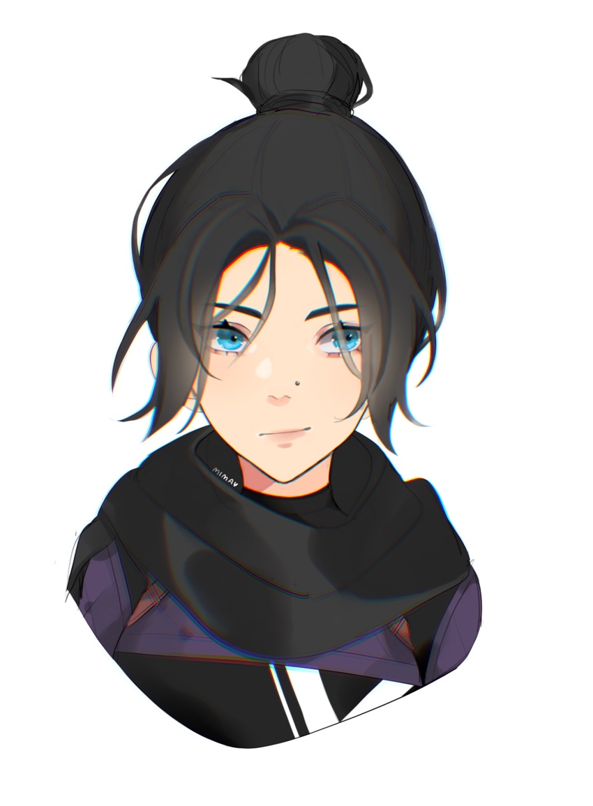 1girl, animification, apex_legends, black_bodysuit, black_hair, black_scarf, blue_eyes, bodysuit