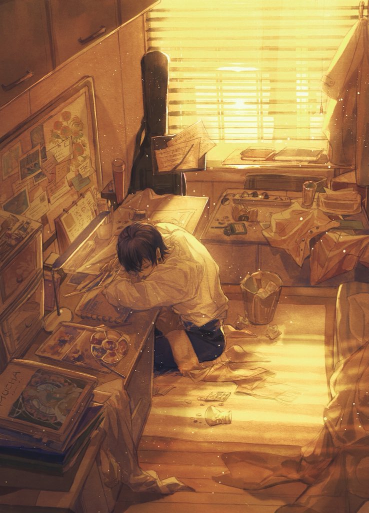 1boy, arm_pillow, bandaged_leg, bandages, barefoot, bed_sheet, black_hair, black_pants